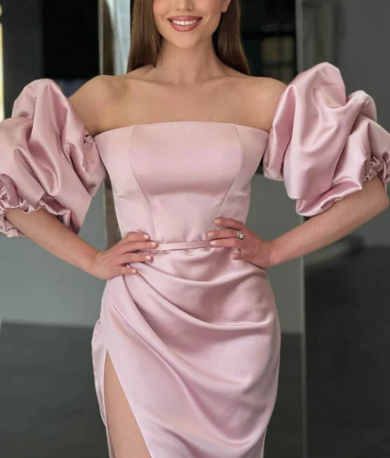 Pink Strapless Mermaid Prom Dress with Long Split and Detachable Sleeves
